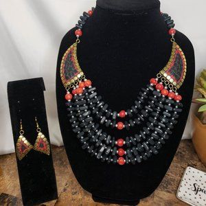 Designer Inspired Black & Red Beaded Brass Necklace Set